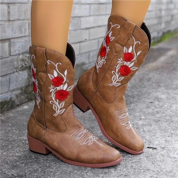 NWT Multiple Sizes Stylish Women's Embroidered Cowboy Boots Red Floral Design - Picture 9 of 9